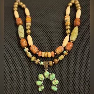 Sonoran Gold Turquoise .925 Squash Blossom Bronze Picasso Jasper Bead Necklace